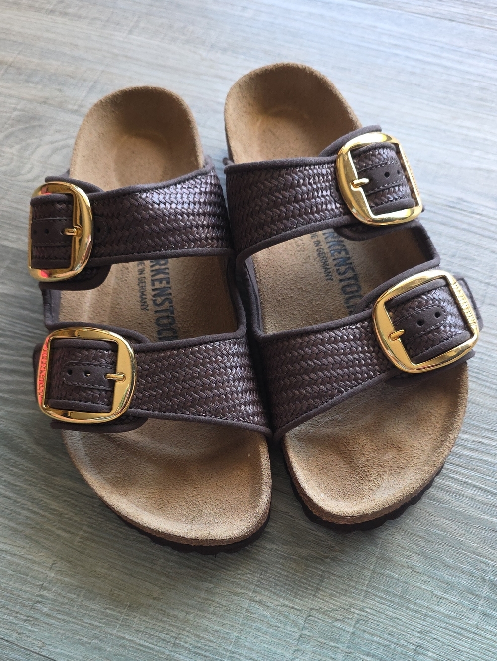 Birkenstock Womens Brown Woven Double-Strap Sandals with Gold Buckles